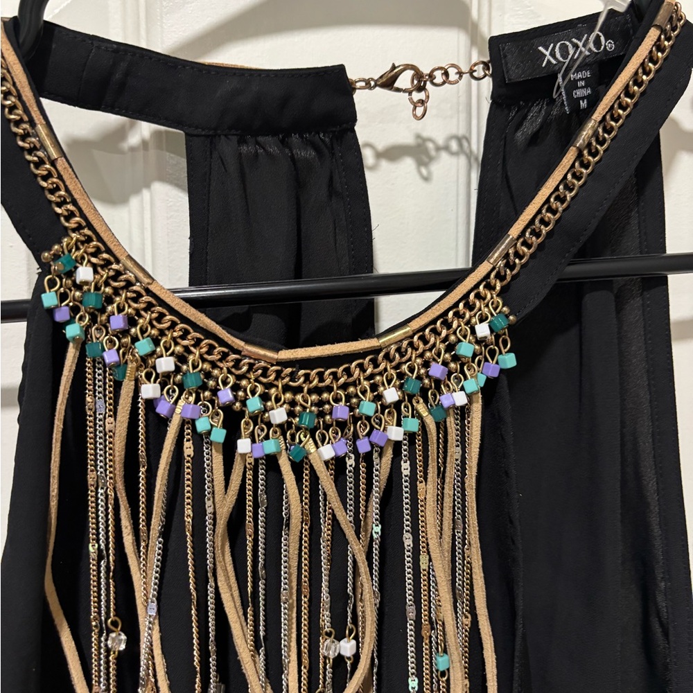 XOXO Black Dress with Chain and Bead Accents